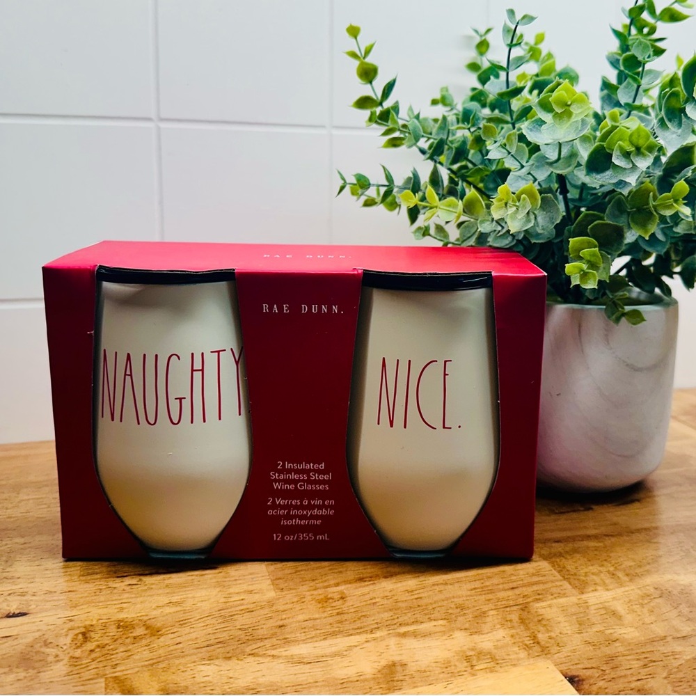 Rae Dunn Cream Insulated Wine Glasses with Red Text - Naughty & Nice